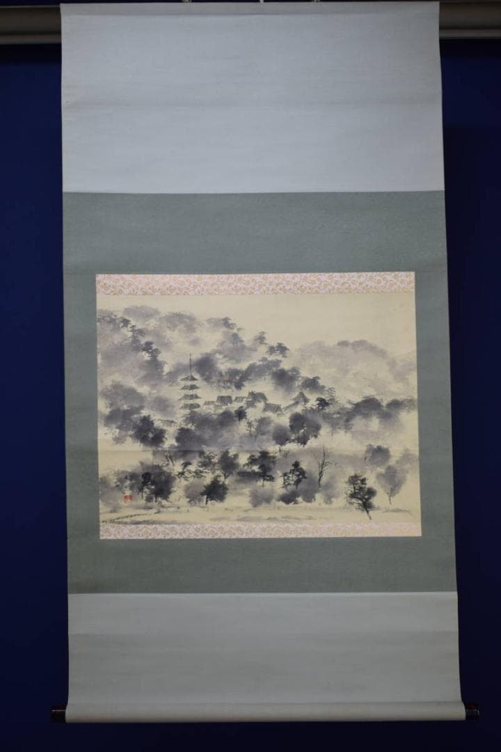 真作/明峰/山水明王院図/横物/布袋屋掛軸HJ-133