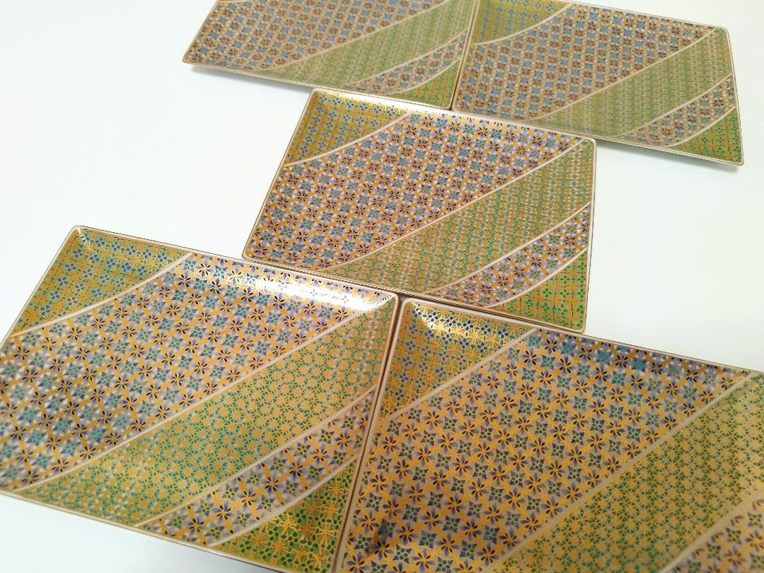希少 前畑陶器 庫山窯 緑彩金蘭手 角皿 5枚セット 金彩
