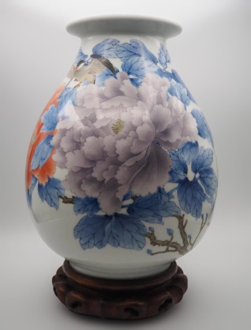 真葛香山 宮川香山 青華釉下彩花瓶 4鳥牡丹図 台付き - メルカリ