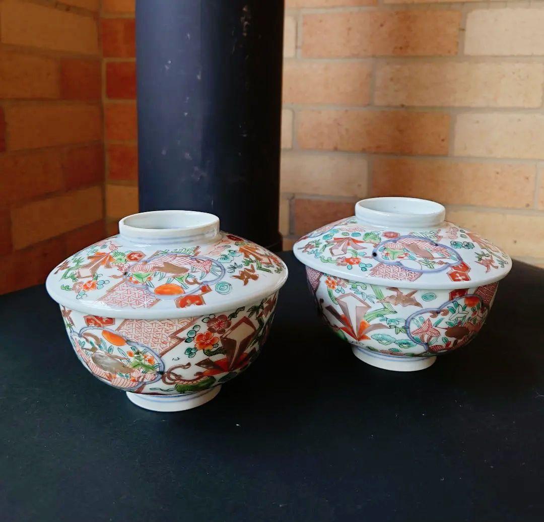 江戸時代 鷺絵煮物椀 蓋椀 奈良茶碗 染錦 錦彩 古九谷