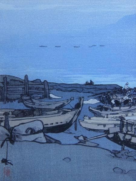 吉田博、【北海波静　利尻山】、希少・大判豪華画集画、新品高級額、額装付