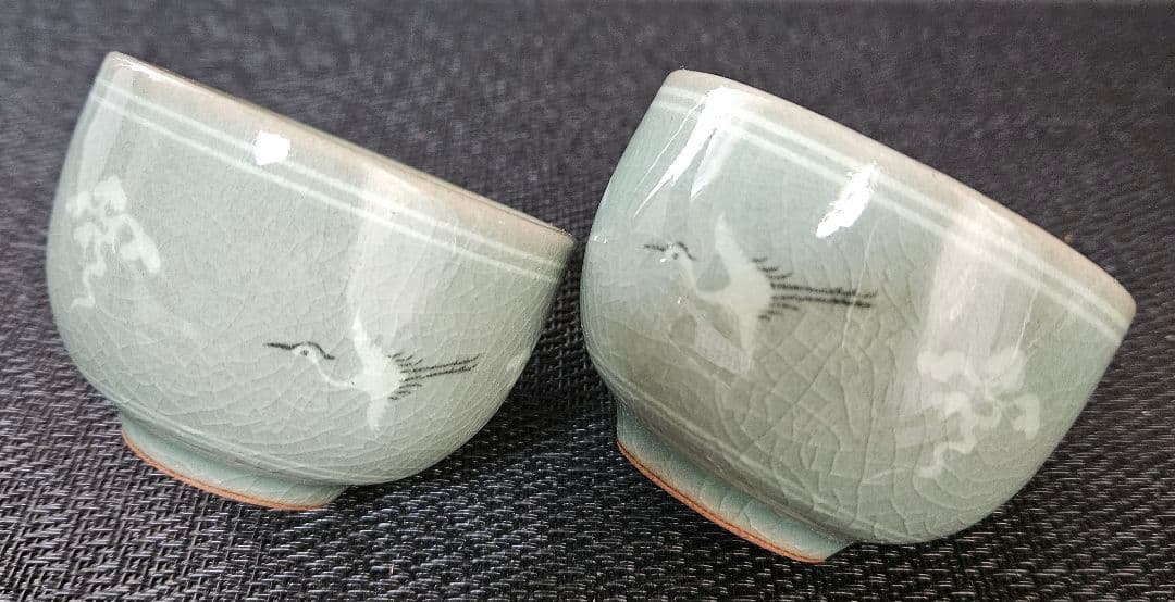 韓国 人間文化財 人間国宝 柳海剛作 高麗青磁 象嵌 雲鶴図 ぐい呑 盃