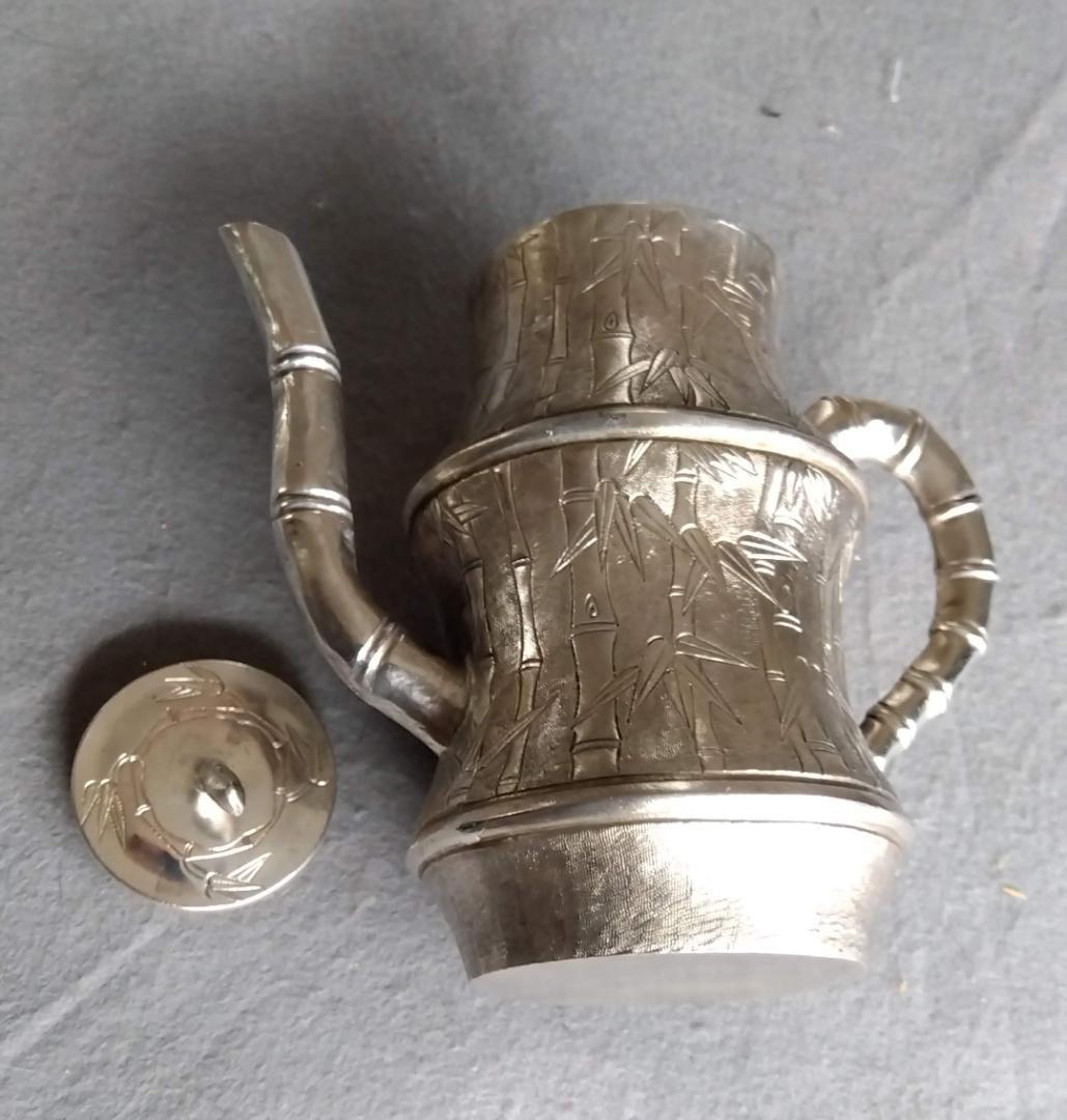 北京工芸品公司銀製竹林吉祥紋紋様彫酒器 353gm全高160全長170mm