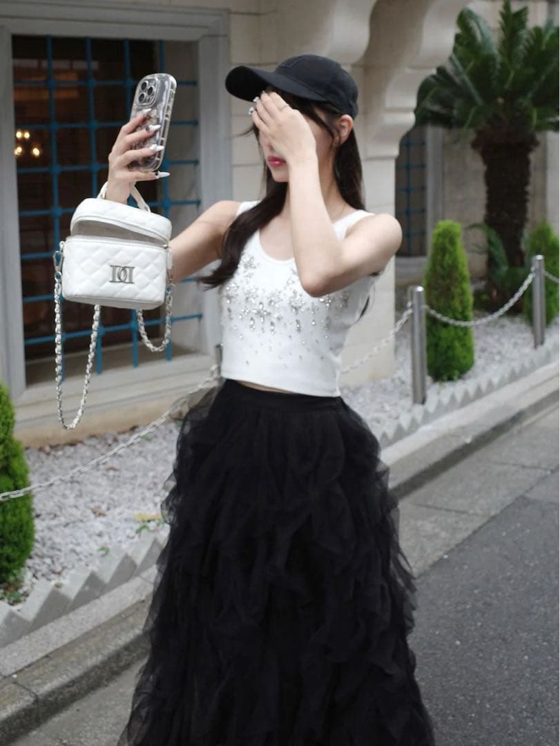 新品タグ付き ホワイト ダーリッチ ジュエリーリブノースリトップス F