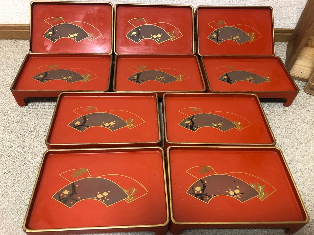 ミニお膳 アンティーク 10膳セット 木製収納箱付き 骨董品