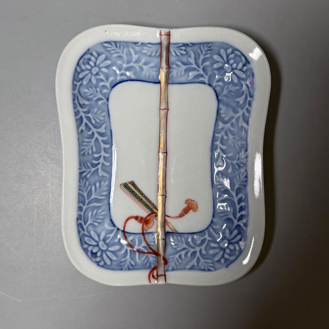 明治時代 有田焼 岩松平吾 色絵軍配形皿 五枚 角岩印 陽刻 珍品 残り