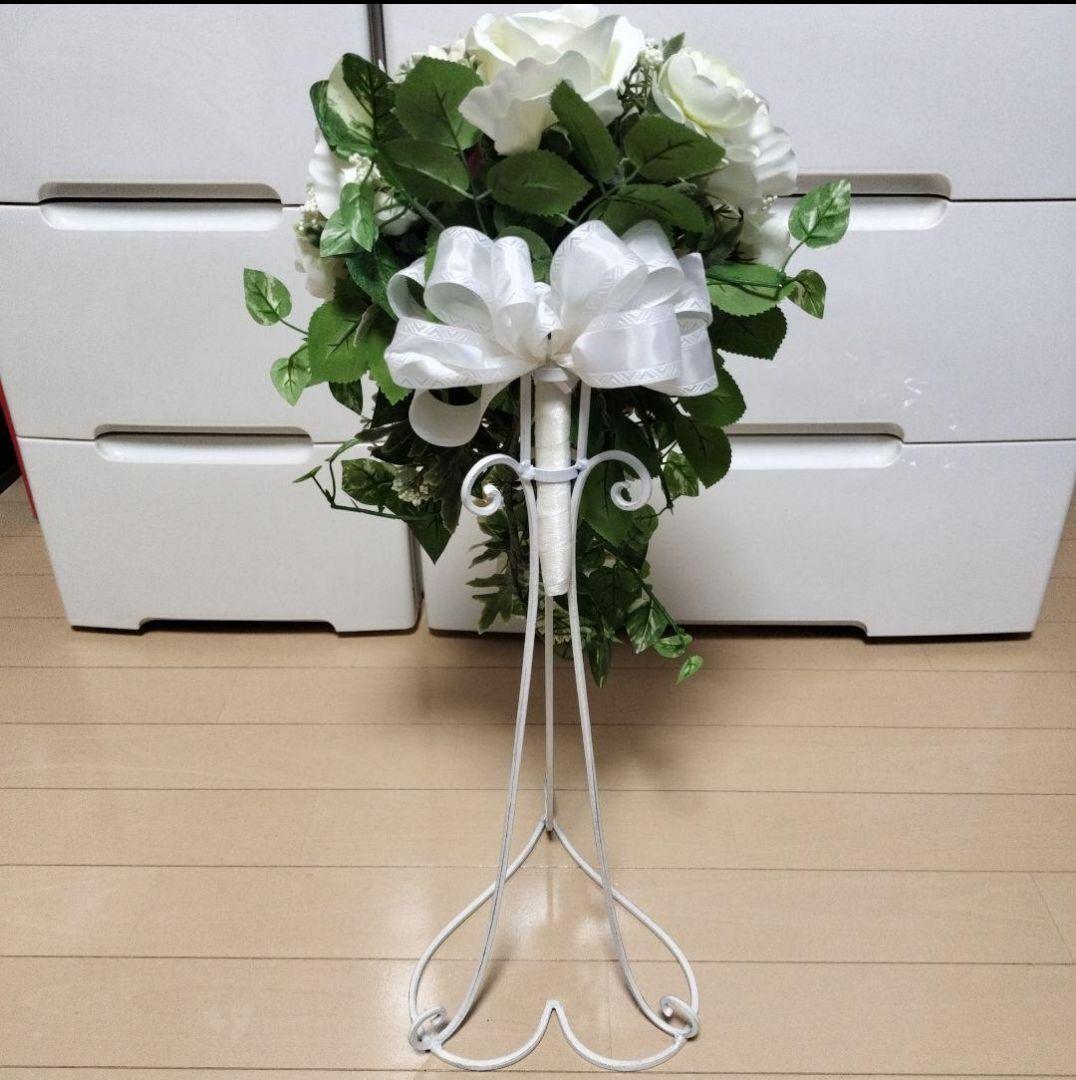 ウェディングブーケ ホワイト 造花 アレンジメント ブートニア 髪飾 スタンド付