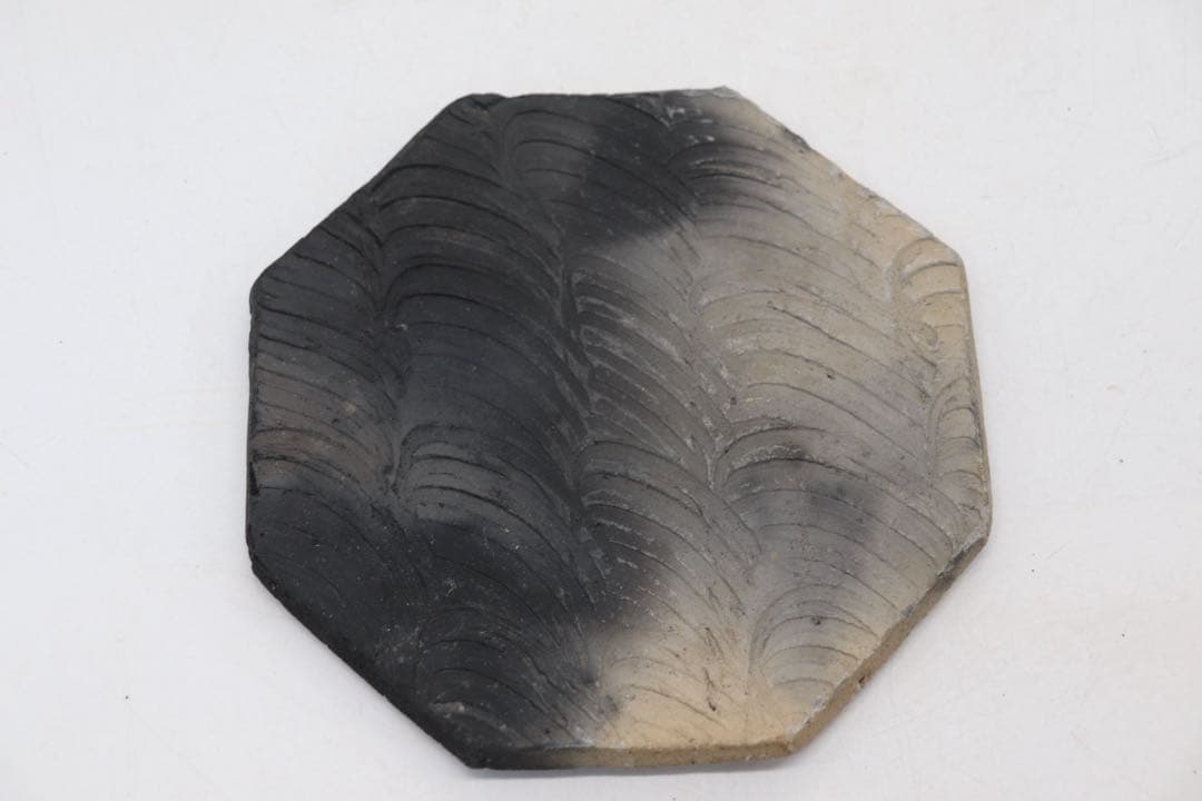 坂田甚内作　黒灰陶波紋六角皿3点　送料込み250607