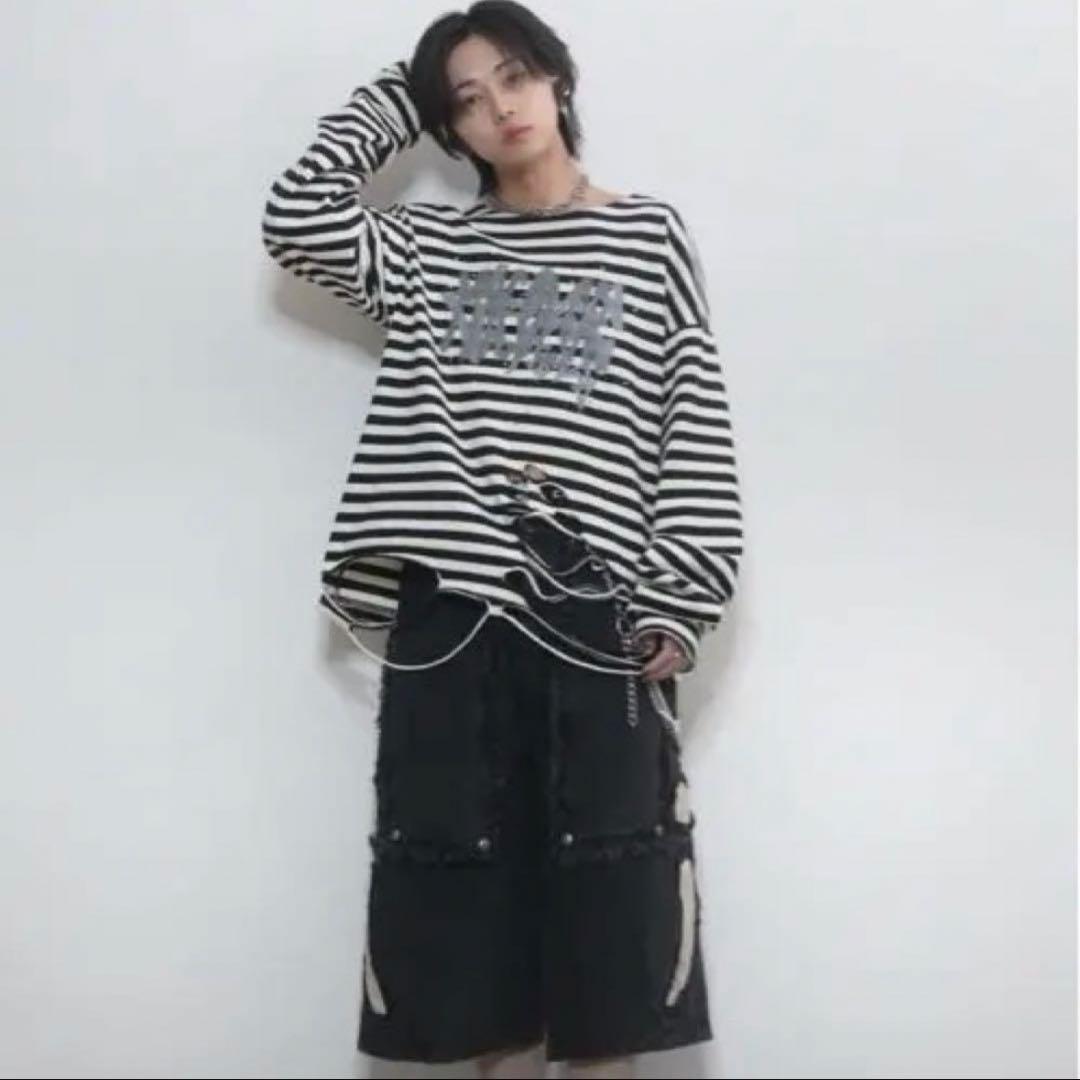 GRANCY 総柄ラインストーングラフィックロンT グランシー ボーダー L