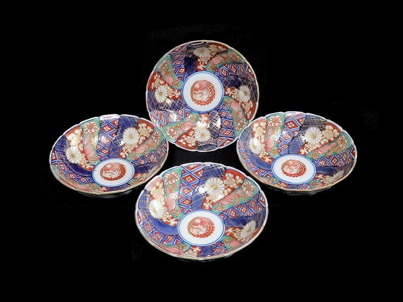 大聖寺伊万里　金襴手　奇玉宝鼎之珍　捻り菊皿　小膾皿４客　C856 AS-CEq