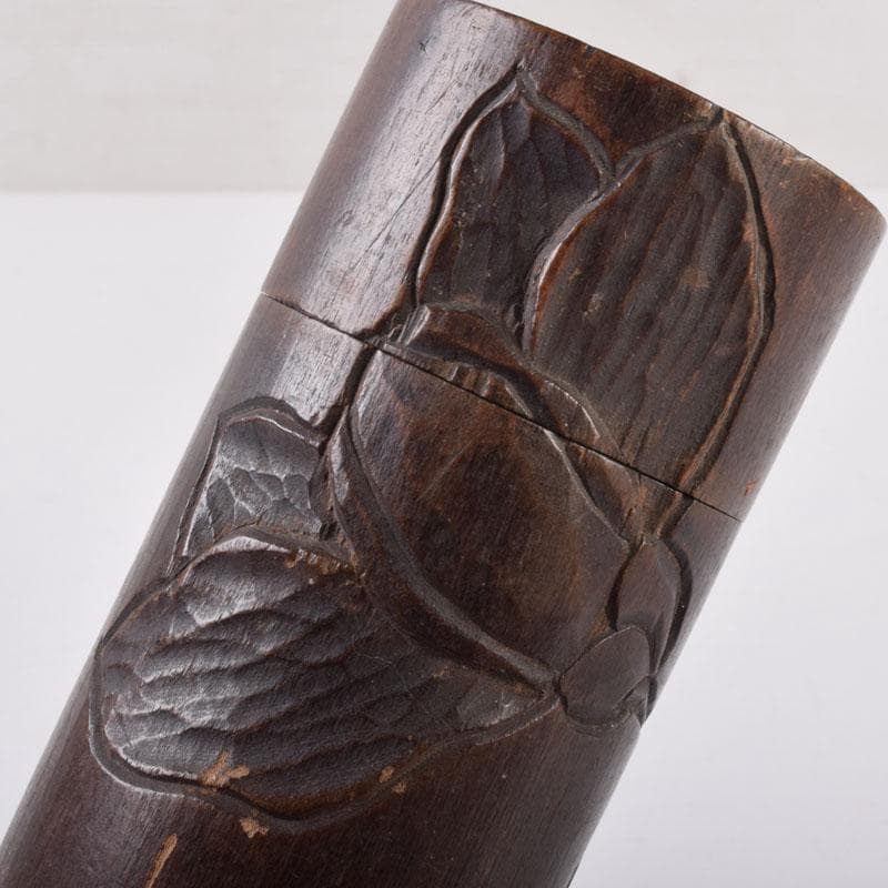 煎茶道具 木彫 椿図 茶筒 V 8508