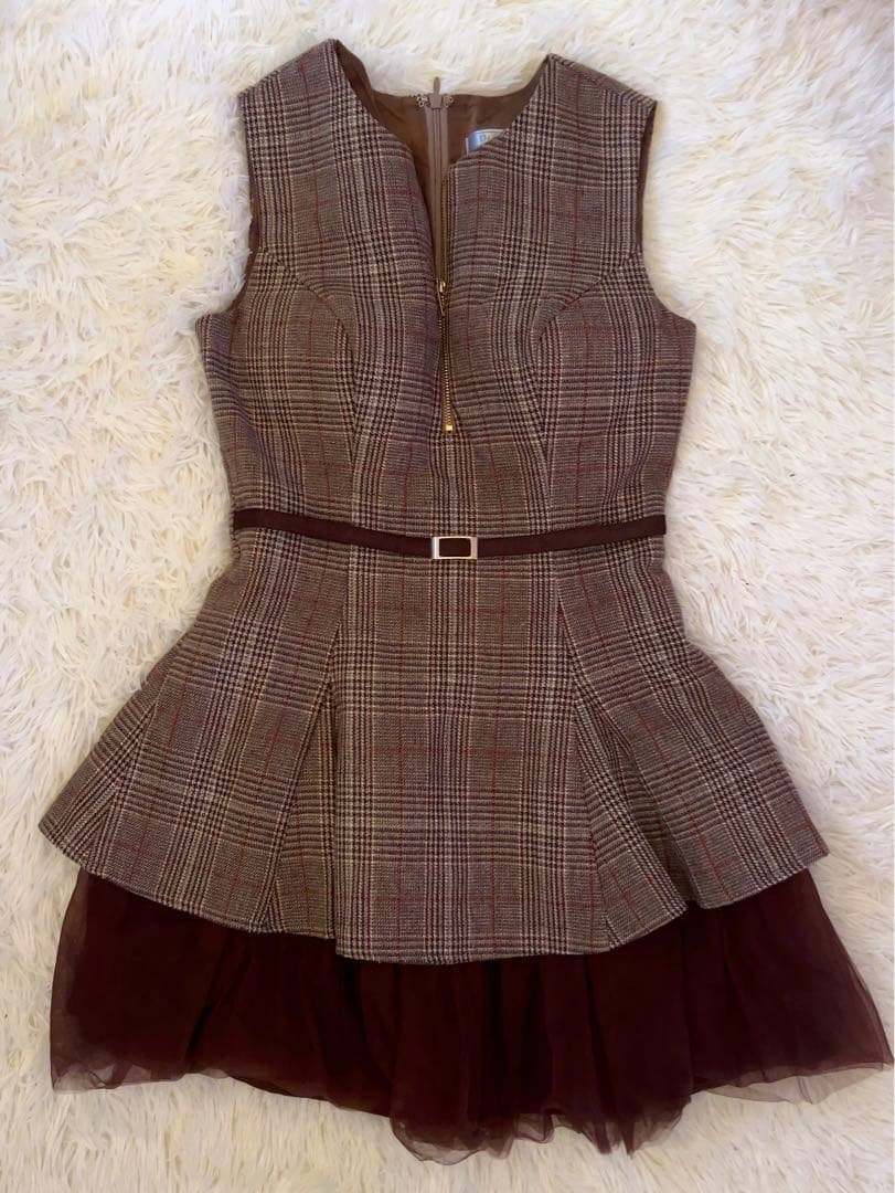 チェックノースリーブベルトデザインチュールミニキャバドレス