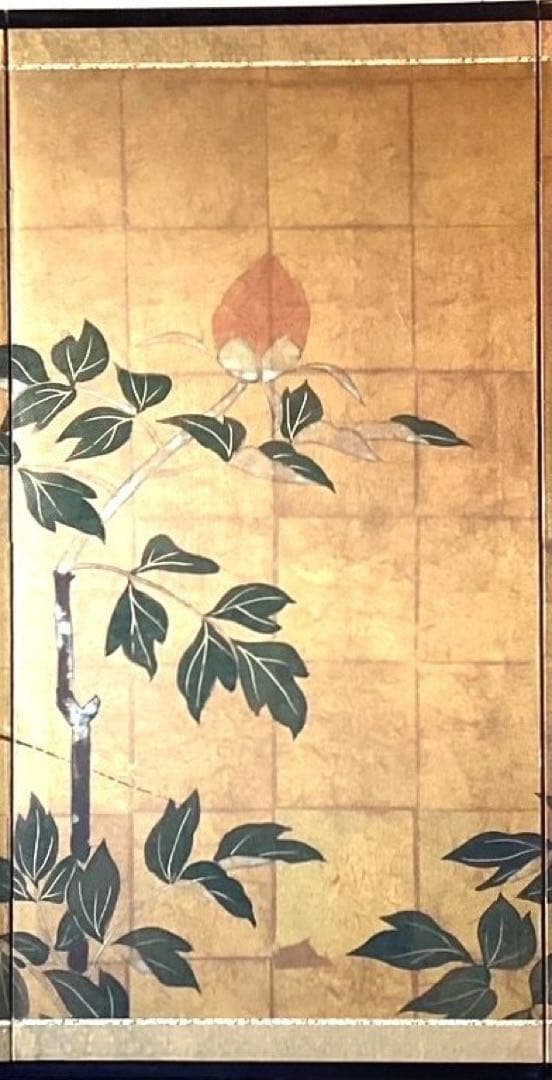 四つ折り屏風　日本画　金箔彩色　『牡丹』