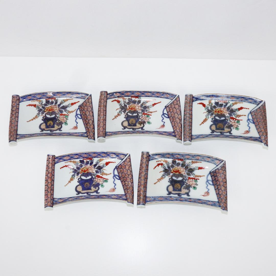 大聖寺伊万里 金襴手 生け花図 巻物形変形皿 5客 アンティーク