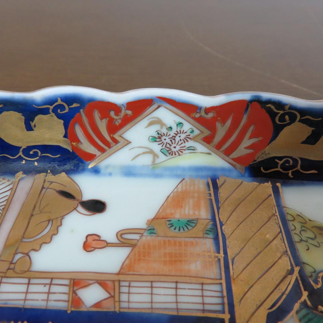 角皿 金彩 色絵付け 歪みあり 松竹梅 人物 船 小鳥 紅葉 5脚 江戸時代