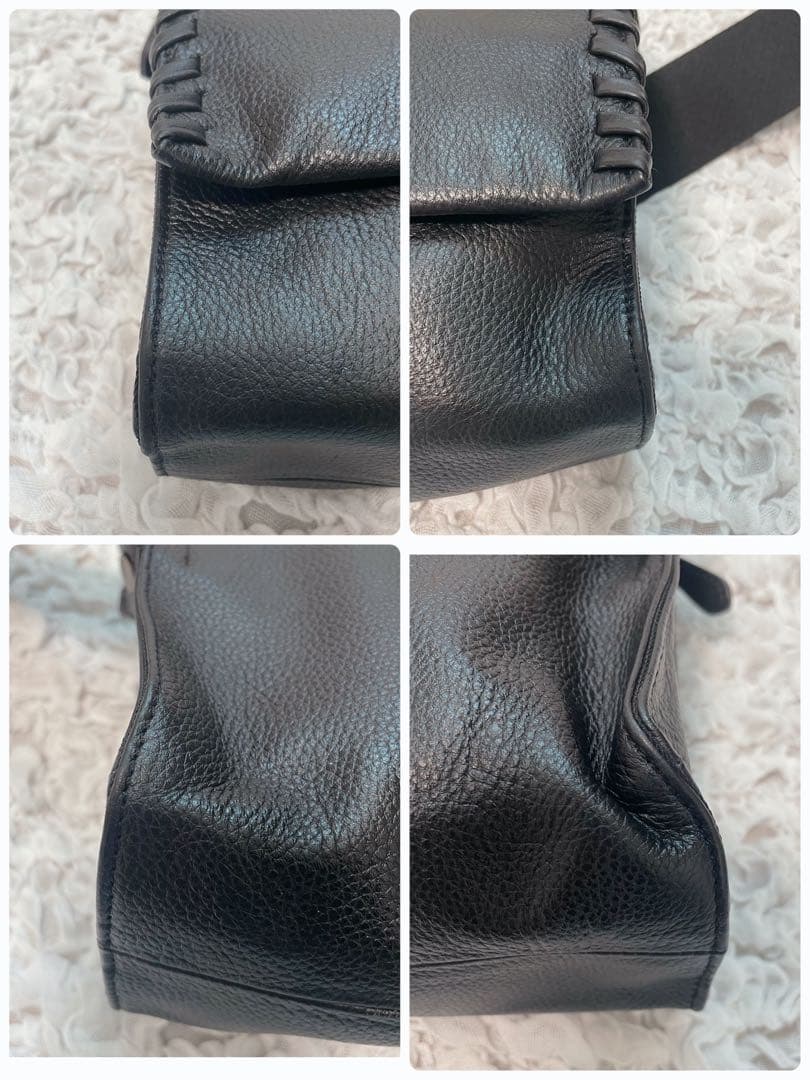 美品✨イアパピヨネ　柄ワイドテープショルダーバッグ　黒 本革　ステッチ　男女