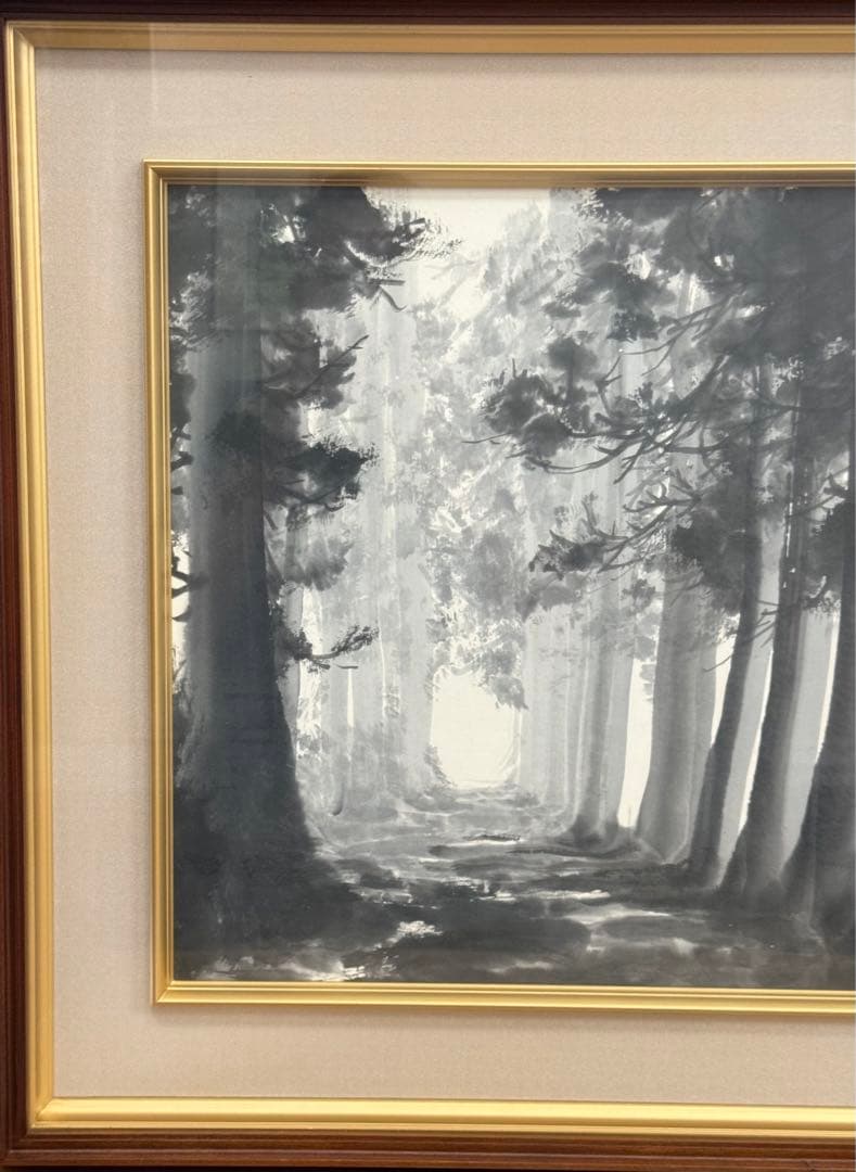 日本画 風景画 森の小径 額装付き 69×62cm 共箱