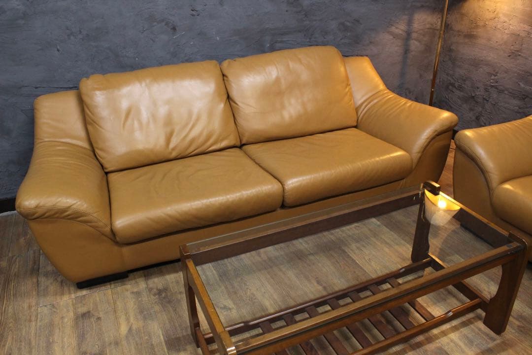 首都圏送無料〜 本革　キャメル　3人掛け　1人掛け　ソファ テーブル　セット割