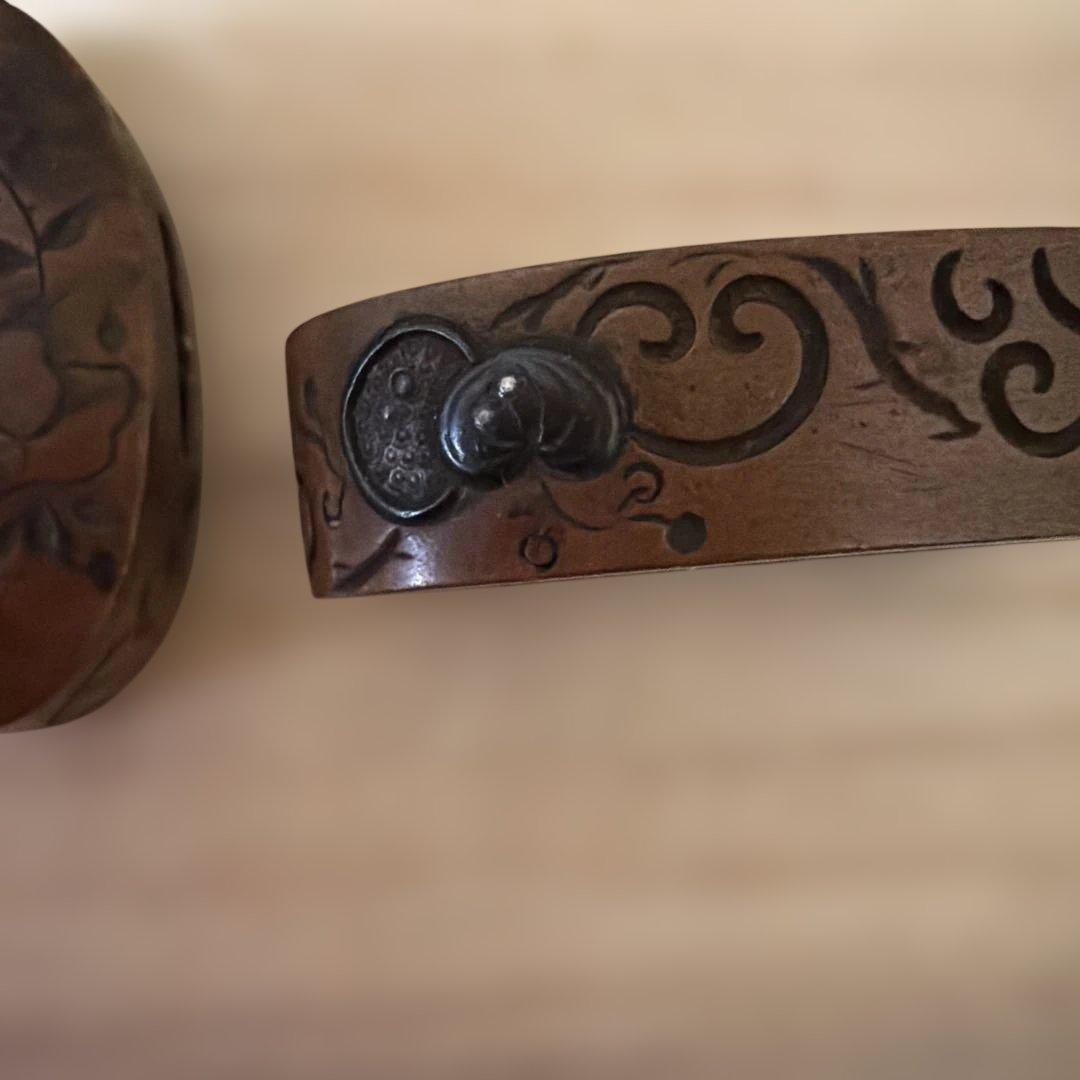 古美術　骨董品　縁頭　正阿弥　在銘　古赤銅地花彫