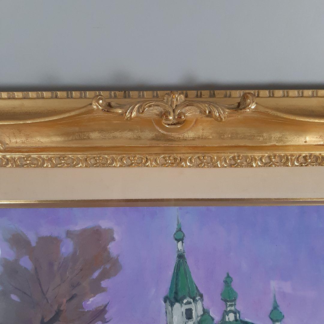 No4605 額装菅野矢一「教会の春」油彩画直筆サイン箱付絵画送料無料