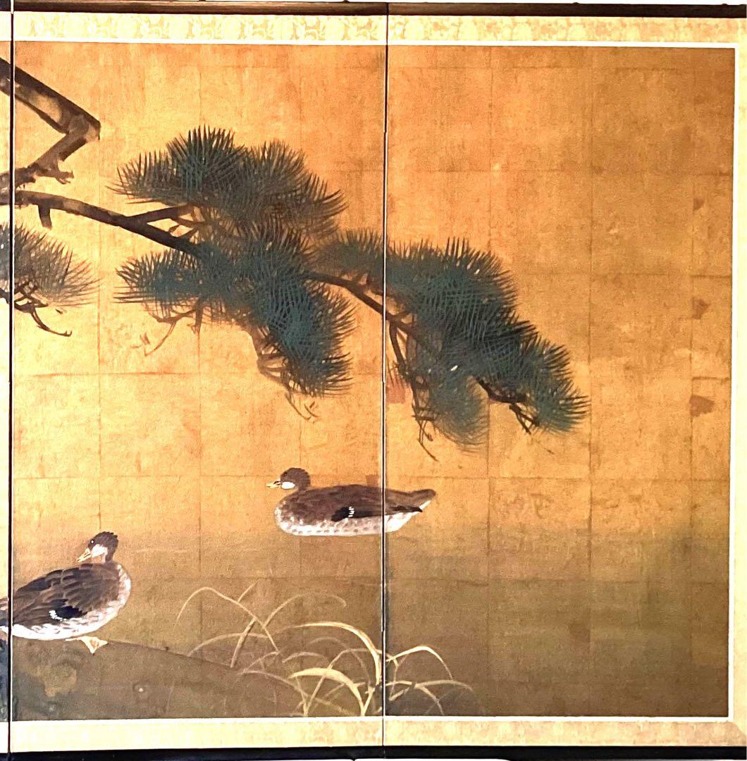 四つ折り屏風　日本画　金箔彩色　松に鴨