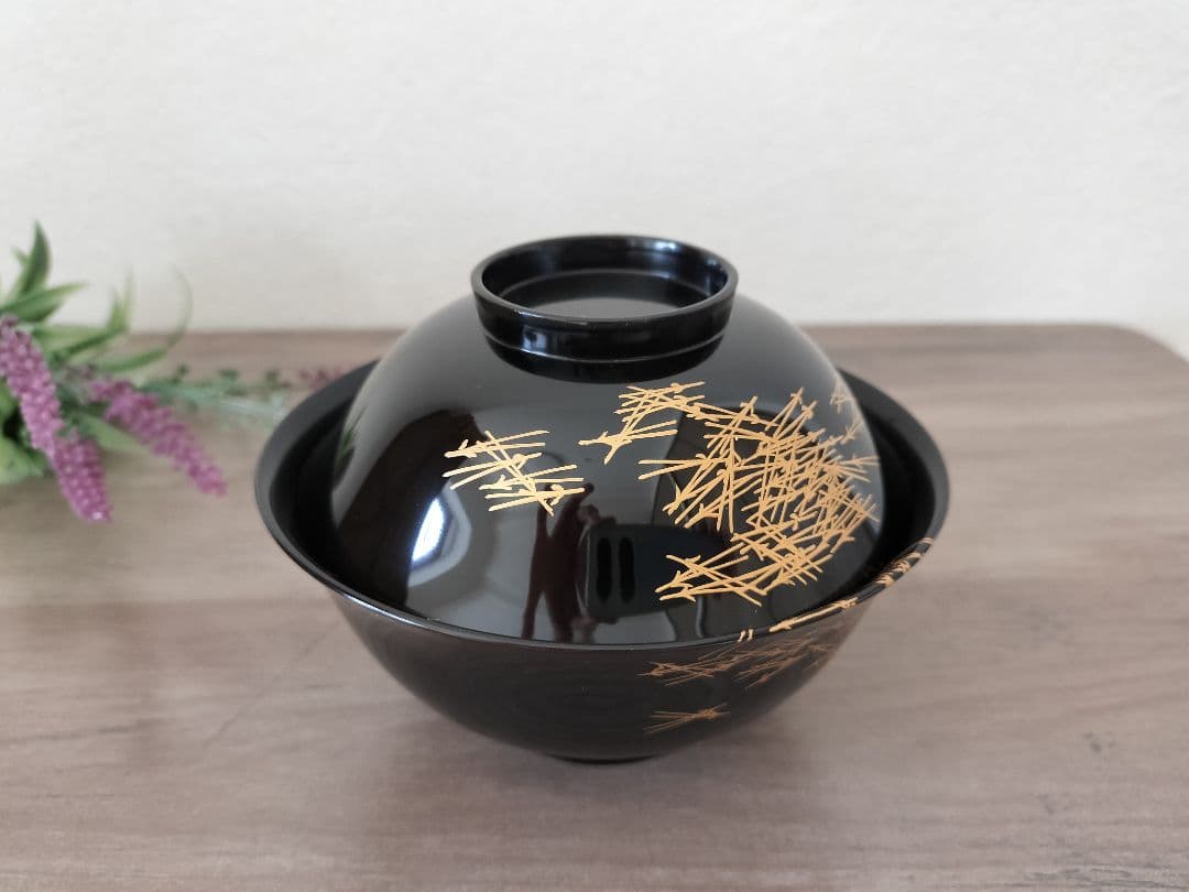 輪島塗 黒色漆器 蓋付汁椀 5客セット 松葉 金彩模様 桐箱付き