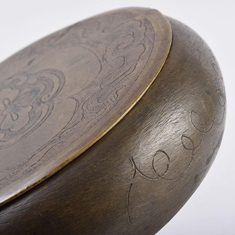 中国 古銅 木瓜神獣刻 薬入 蓋物 時代箱付 C R8939 中国 古銅