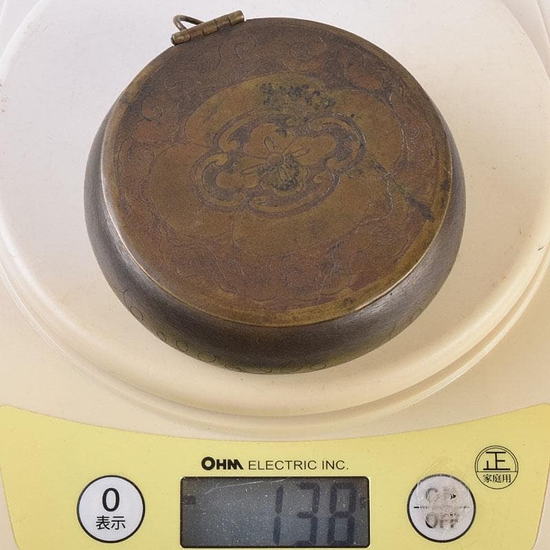 中国 古銅 木瓜神獣刻 薬入 蓋物 時代箱付 C R8939 中国 古銅