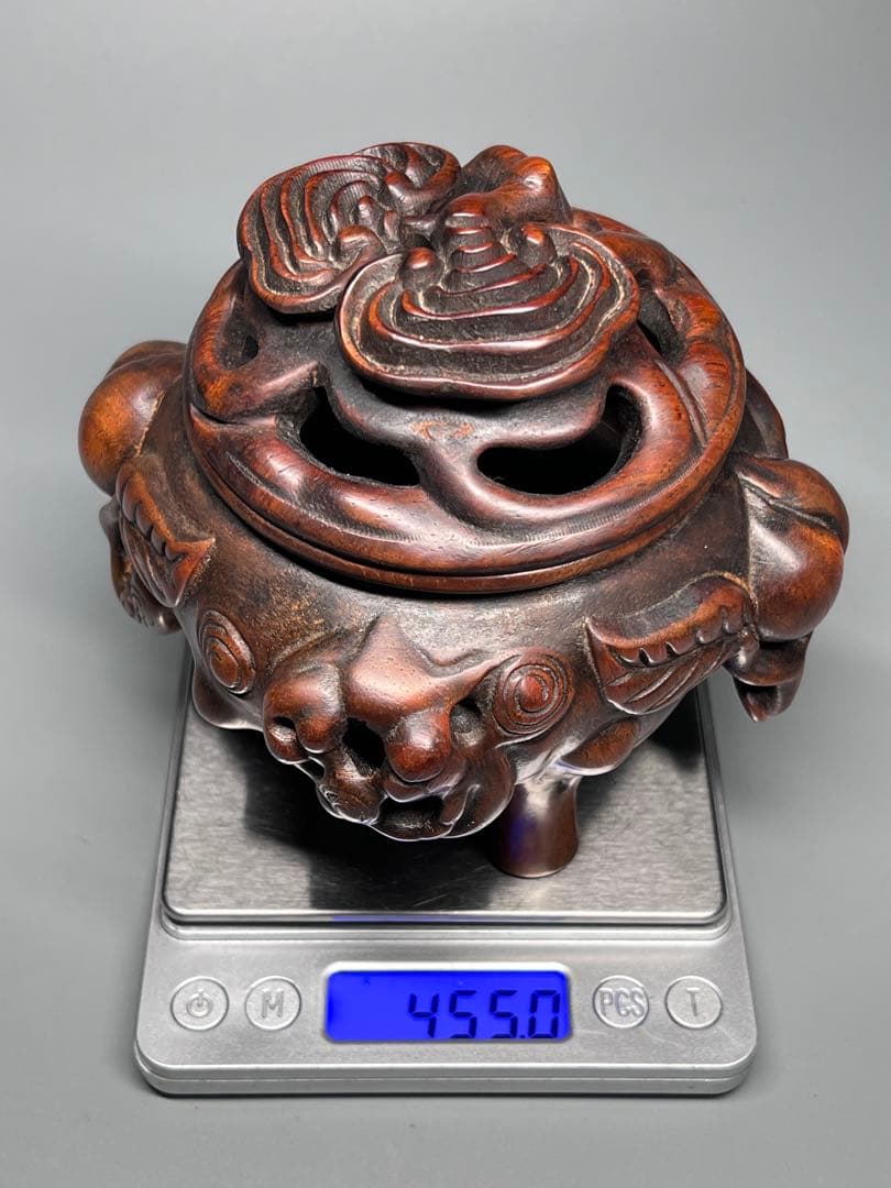 古美術 紫檀 黄花梨 木製香炉 手彫り 寿桃靈芝紋 香道具 三足 唐木