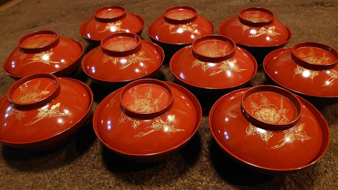 輪島塗 金蒔絵 蒔絵 沈金 華蝶の図 蓋椀 10客