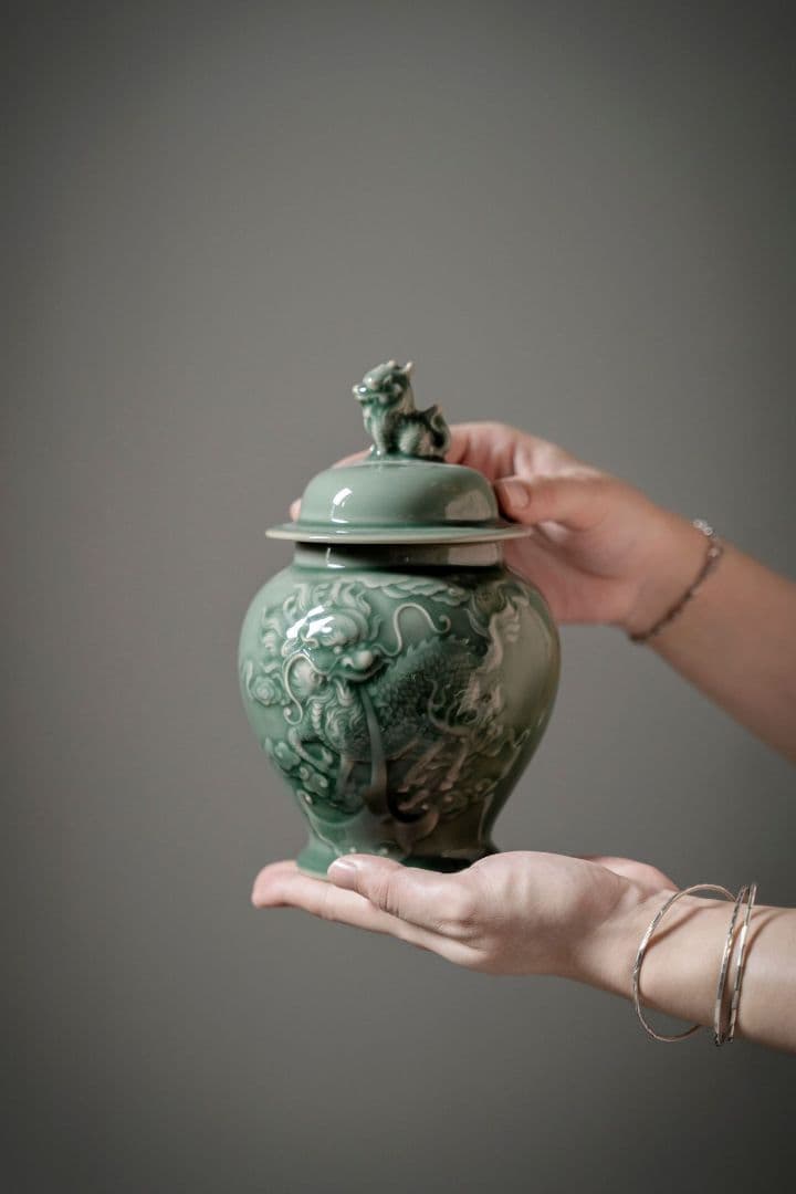 中国美術 茶筒 茶器 茶入れ 青磁 茶道具 麒麟紋 送料込み