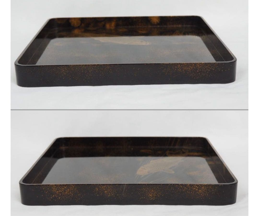 送料無料　江戸後期　蒔絵の名工７代山本春正（正徳）作　蝋色鯉画四角盆共箱本物保証