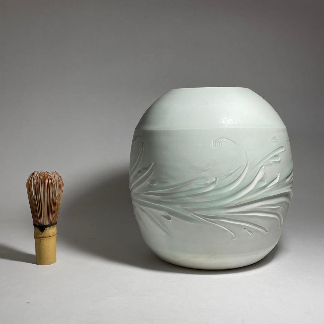 ◇ボストン美術館所蔵陶芸家【叶光夫】造 白瓷刻文花瓶 共箱・