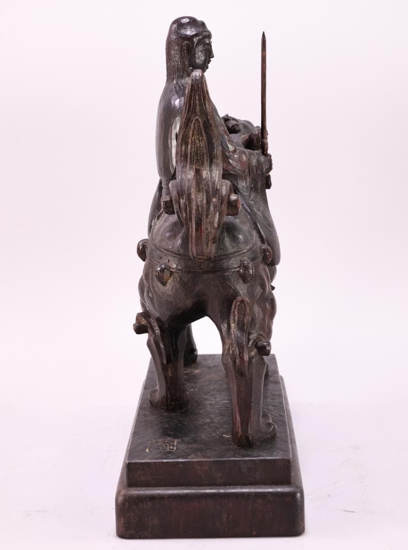 でこい　石崎秀峰 勤作 「 木彫 文殊菩薩 」 金銘　共箱 高さ37.5㎝