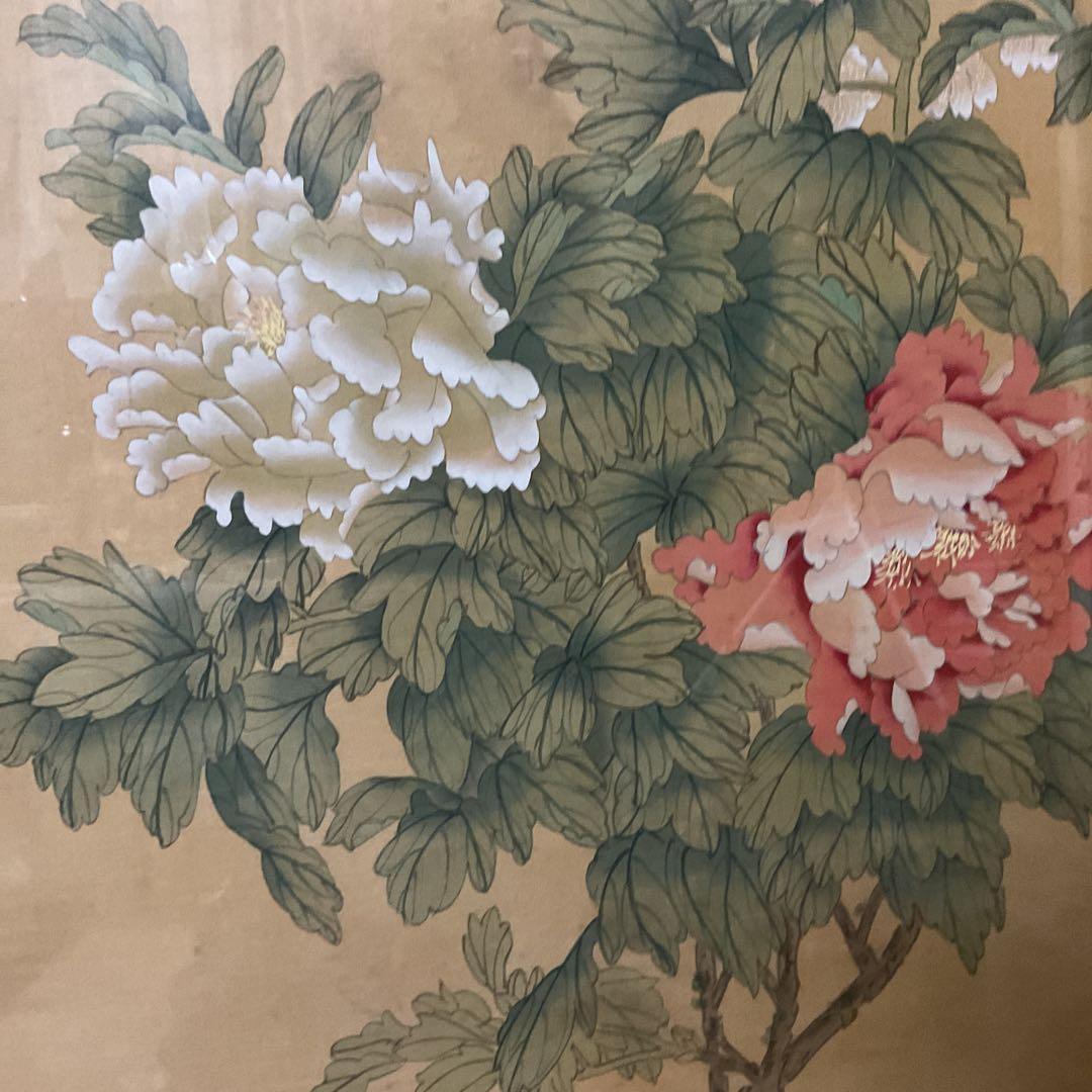 中国画 花鳥図 木枠扁額 【 牡丹に小禽図 】 落款名無 作者不詳