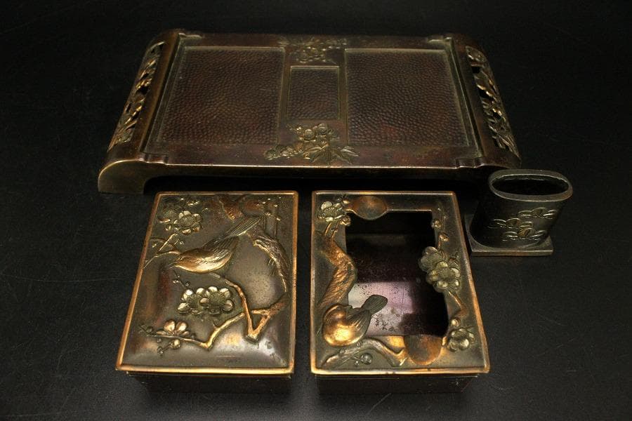 煙草盆 草花鳥文様 銅(メ1776)