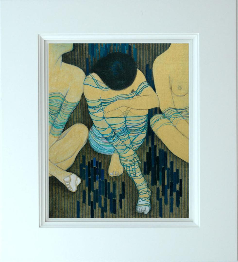 油絵 菅家令子 絵 絵画インテリア額付(青緑＋金色の枠) F6-030314女性