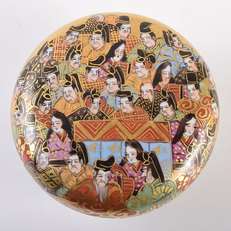 九谷焼　二代目　岳陽作　色絵金彩細字　三十六歌仙　香合　共箱　M　R7585