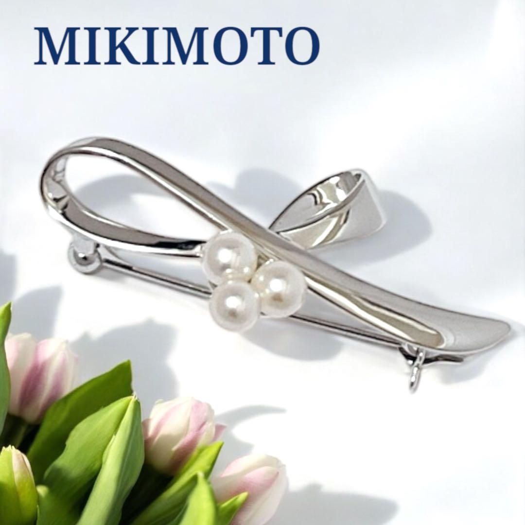 【未使用】MIKIMOTO パールブローチ あこや真珠 リボンモチーフ 刻印あり MIKIMOTO（ミキモト） パール ブローチ リボン チャーム 真珠/シルバー