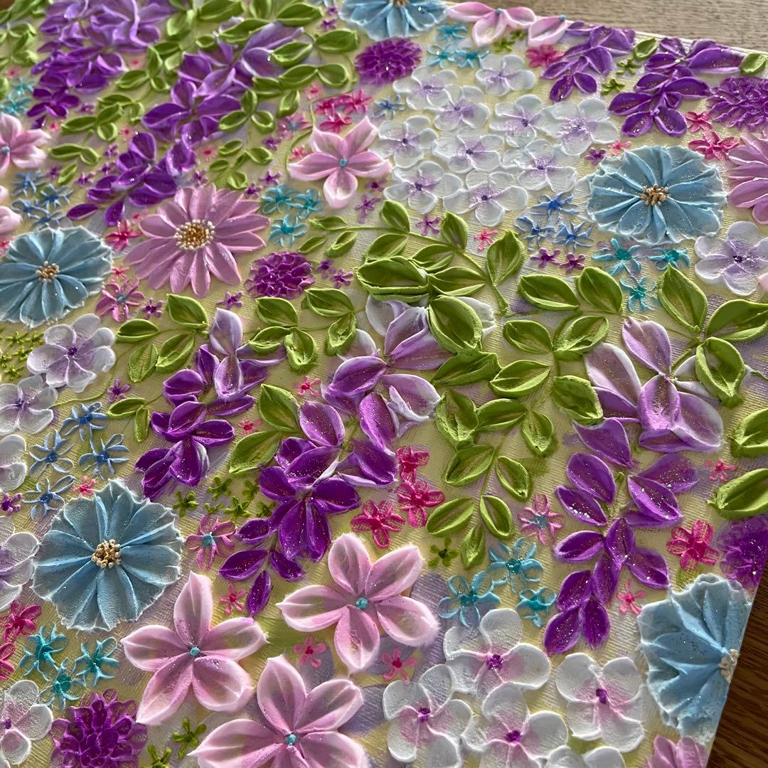 花柄アクリル絵画 藤の花 藤 藤の絵 藤柄 テクスチャーアート ボタニカル