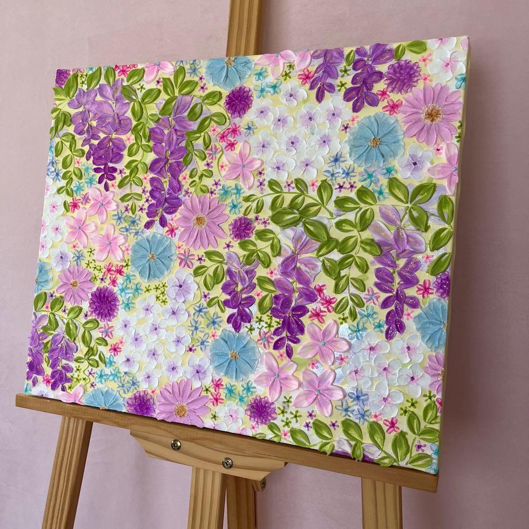 花柄アクリル絵画 藤の花 藤 藤の絵 藤柄 テクスチャーアート ボタニカル