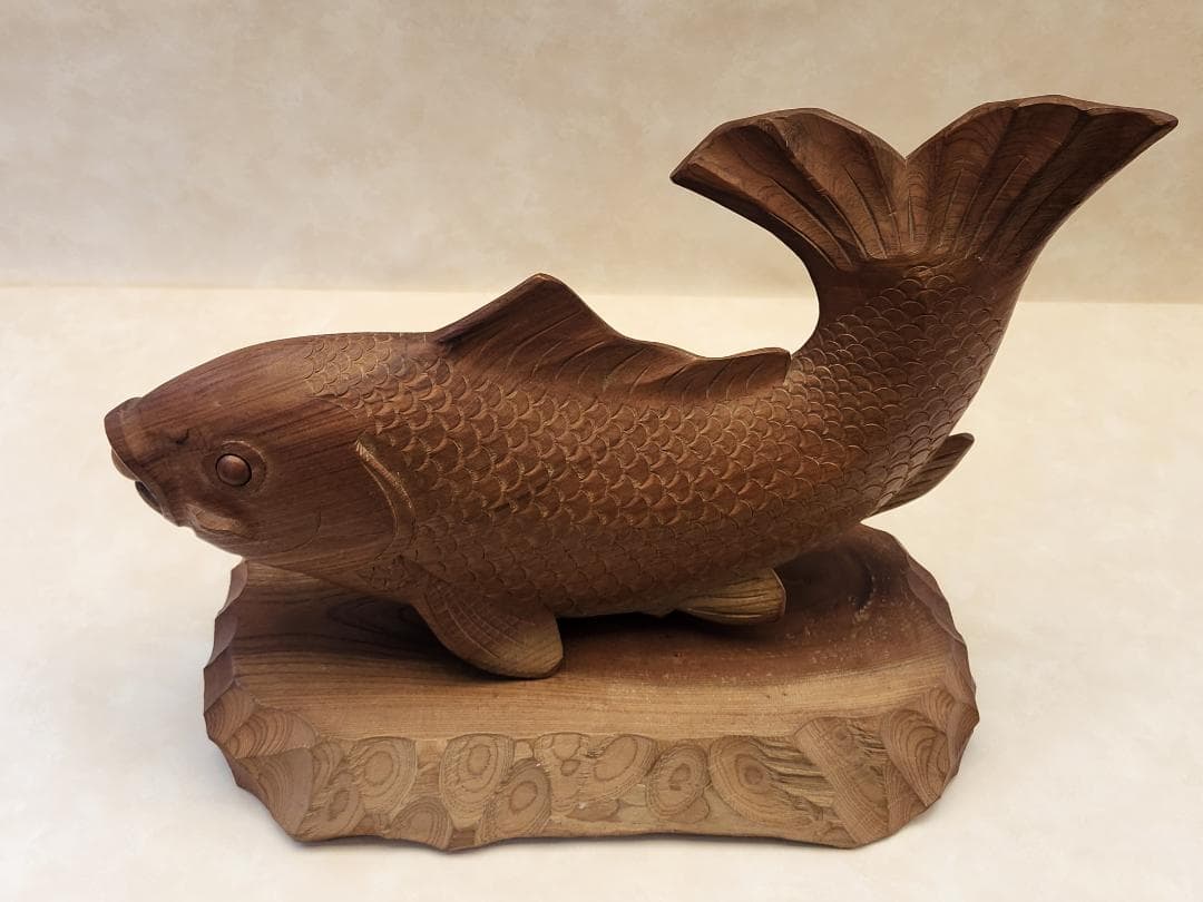 木製 魚の彫刻 伝統工芸品 木製 魚の彫刻 約104cm 自在鉤 鯉 囲炉裏吊 木彫 古民家 古民具