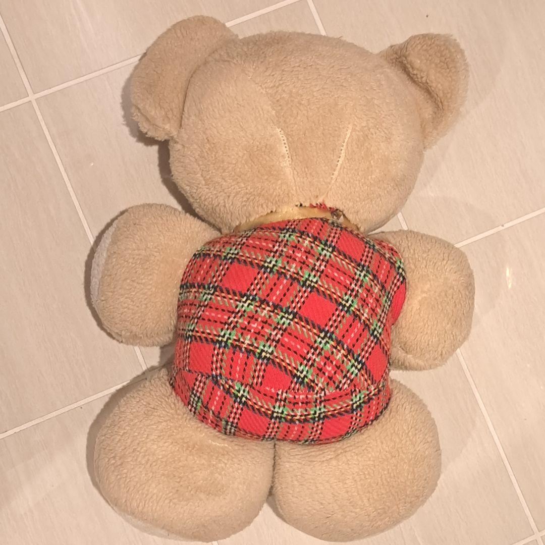 昭和レトロなベージュのチェック柄お洋服のクマ　ヴィンテージ　ビンテージ　当時物