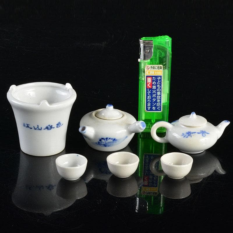 中国　青花　山水文　ミニチュア茶器　急須　涼炉　湯呑　4点　V　R4721