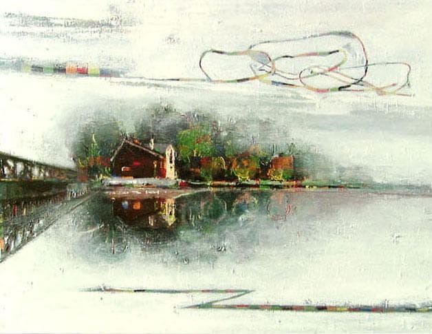 油絵 菅家令子 絵 絵画 インテリア 額付(白) uF6-062803 橋の風景