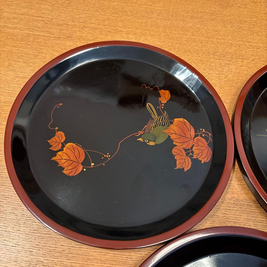 輪島塗 鳥 5枚 別柄 手書き 漆器 昭和初期 新品未使用品