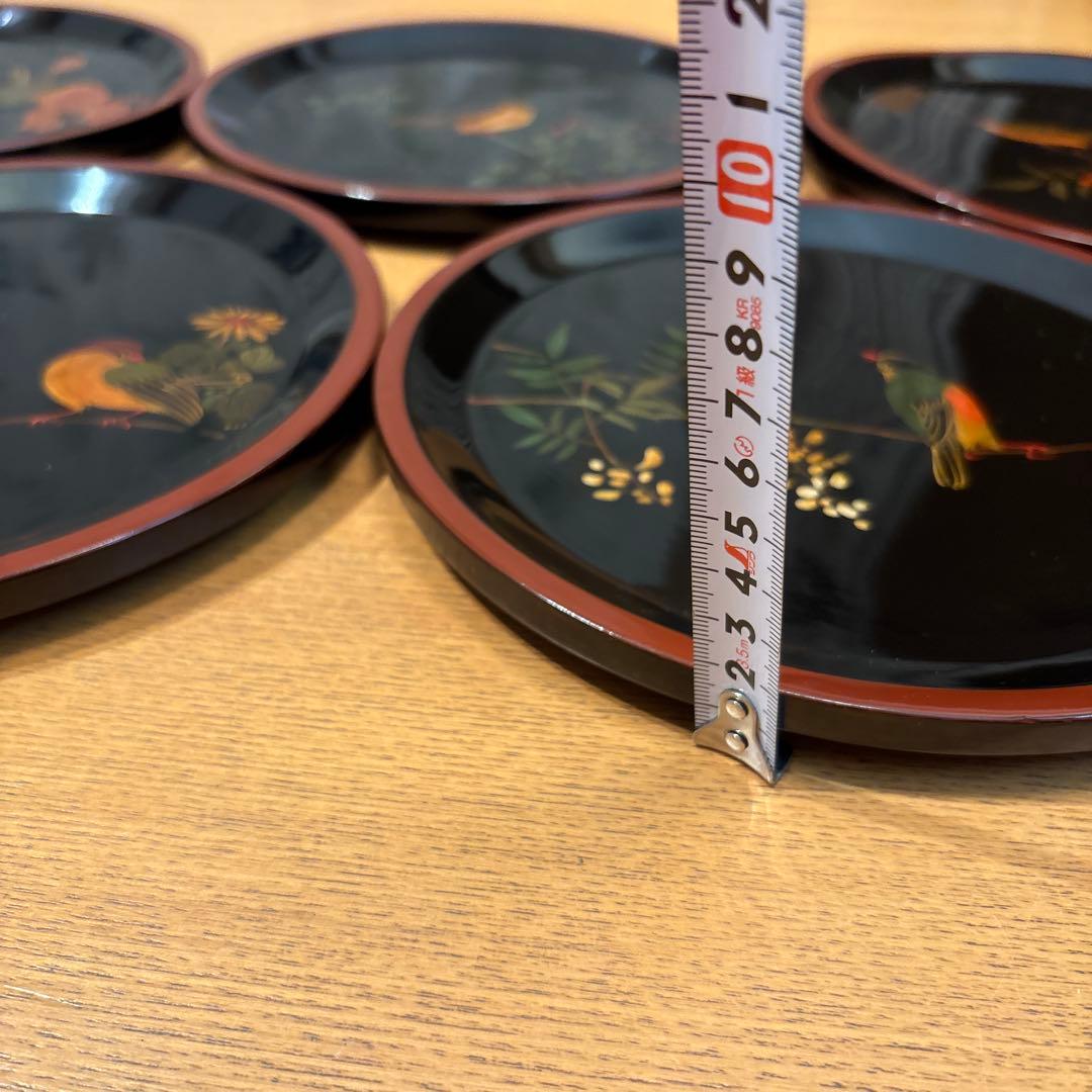 輪島塗 鳥 5枚 別柄 手書き 漆器 昭和初期 新品未使用品