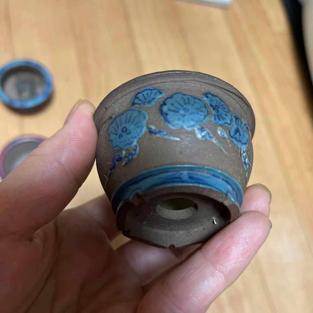 豆盆栽鉢 希少時代 陶翠 彩交趾黒泥丸豆鉢3個