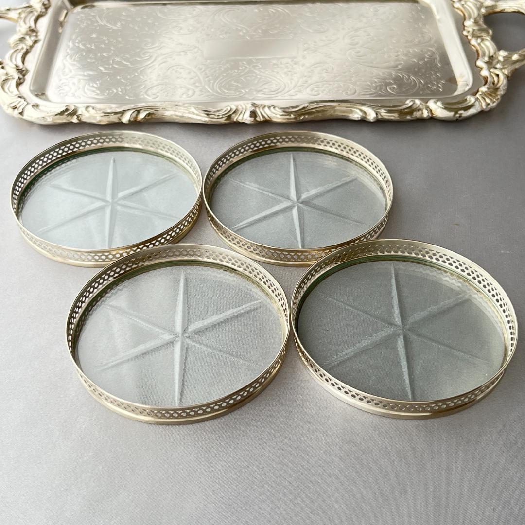 【Webster】【純銀 / ガラス】ワイングラスコースター 4枚 スターリング