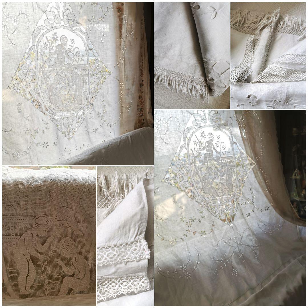 アンティークフランス 天使のフィレレース アイレット草花刺繍タッセル